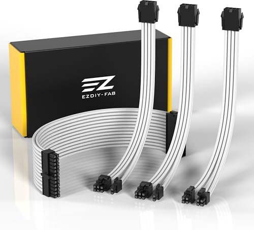 EZDIY-FAB Câble à Gaine D'extension Personnalisé Mod GPU Alimentation PC Tressée en Nylon Souple avec kit Peigne 24PIN/8PIN à 6+2PIN/ 8PIN à 4+4PIN-300MM Blanc
