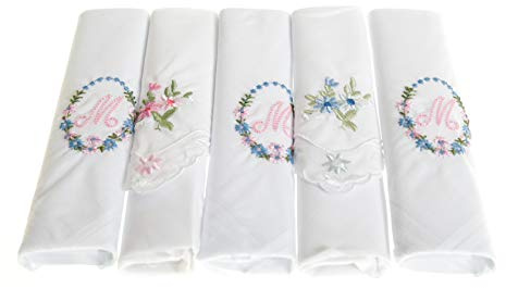 Surf the Shop Pack of 5 Ladies Initial Embroidered White Handkerchiefs with Satin Border and Matching Floral Handkies, Various Letters
