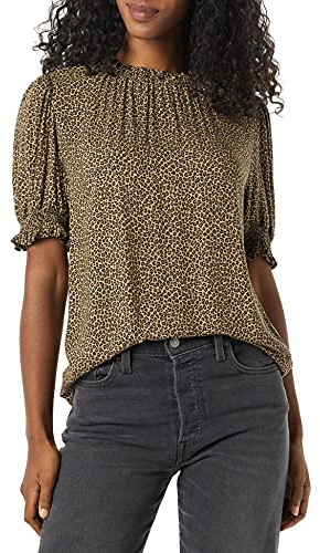 Amazon Essentials Blusa Chemisier Corta con Maniche A Sbuffo in Twill Fluido Donna, Cammello Micro Maculata, L