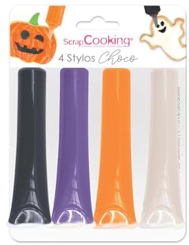 SCRAP COOKING 4 Stylos Choco Halloween - Noir, Orange, Violet, & Blanc pour Écrire & Dessiner sur Desserts, Gâteaux, Biscuits - 7064