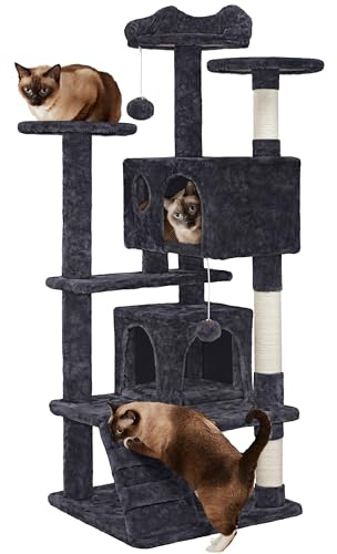Yaheetech Árbol Rascador para Gatos 139cm Torre con Postes Sisal Negro | Estable a los saltos，postes cuerda de sisal, Bola colgante sustituible，Condominio grande，Correa antivuelco, fácil de montar