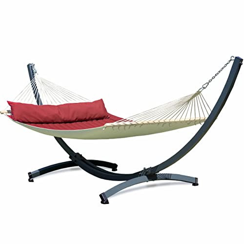 Potenza Outdoor Panama Hängematte mit Aluminium Gestell für 2 Personen I Stabhängematte XXL 210x140, 200kg I Hängemattengestell 200kg Wetterfest (Rot, Basic Gestell Graphit)