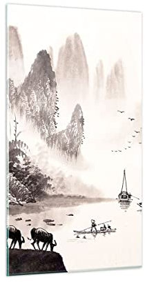 Bilder auf Glas Chinesisch Landschaft Aquarell Glasbild 45x80cm Wandbilder Dekoration Wohnzimmer Schlafzimmer Küche Deko Klein Wanddeko Bild im Glas Wand Kunstdruck Art Modern Wall Decor GPA45x80-4265