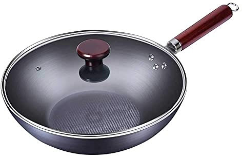 ksamwjf Wok-Pfanne Antihaft-Wok, großer Eisen-Wok, altmodischer unbeschichteter Rundboden-Wok für den Haushalt, geeignet für Gasherd, kein Rost, feines Eisen, Wok-Pfanne in 2 Größen, antihaftbeschic