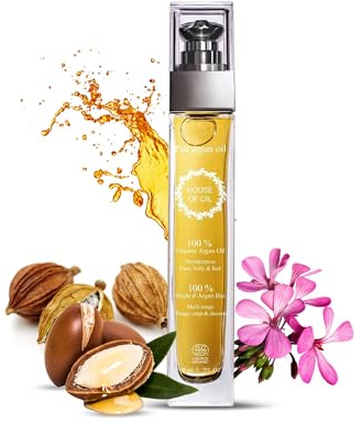 Moroccan Organic Argan Oil 50ML - 100% Pure, Natural and Cold Pressed - for Hair, Face, Body, Beard, Nails - Vegan and Cruelty-Free - Pump Bottle (Pack of 1)