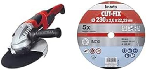 Einhell Amoladora eléctrica con cable - TE-AG 230/2000. 2000 W, 230 V, 8,7 Amperios, diámetro del disco 230 mm. Arranque suave, asidero giratorio, cubierta protectora + pack de 5 discos de metal 230mm