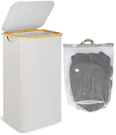 efluky Wäschesammler mit deckel 100 Liter, großer pfandflaschen sammelbehälter Wäschebox mit herausnehmbarem Sack, Wäschekorb für Zimmer Kleidung und Spielzeug, Hellgrau