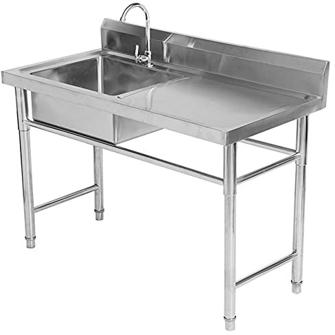 Fregadero comercial de un solo tazón, fregadero de cocina de acero inoxidable con soporte, protector contra salpicaduras alto, pies ajustables, para garaje, restaurante, cocina al aire libre