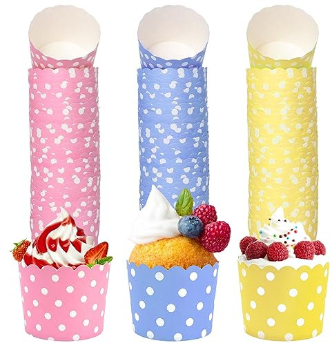 Vueinrg 150 Pezzi Pirottini per Muffin Carta Pirottini Cupcake da Forno Pirottini di Carta Ø6cm per Dessert Festa in Casa Matrimonio Compleanno Laurea Decorazione (Blu, Giallo, Rosa)