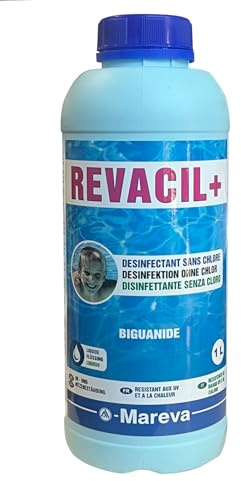 Disinfettante Revacil+ a base di Biguanide per piscine. Senza cloro e senza odore. Flacone da 1 litro.