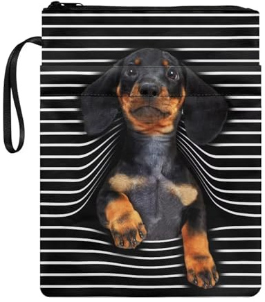 Poceacles Buchhülle mit Dackel-Motiv, gestreift, Buchhüllen für Taschenbücher, Buchschutztasche, leichte Buchhüllen mit Reißverschluss, Carrier Book Sox