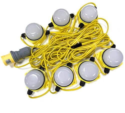 Festoon Work Lights - 110V High Lumen Outdoor LED String Light - 22m Heavy Duty Site Festoon Lighting Kit - Output 8400Lm, Hanging Hook 70W 16A UK Plug - UK Designed Construction Site & Industrial Use