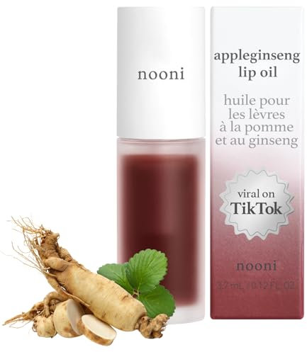 NOONI Korean Vegan Lip Oil - Appleginseng | Lip Stain, Gift, Long-Lasting, Moisturising, Plumping, Revitalising for Dry Lips, Waterproof, No Peel Off, Mother's Day, 0.12 Fl Oz