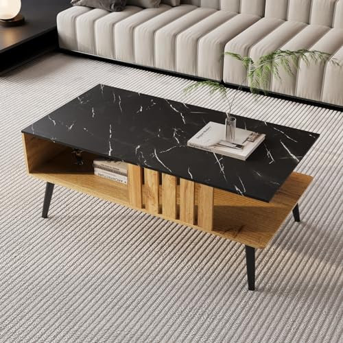 KnSam Couchtisch, Patchwork in Schwarzer Holzfarbe Wohnzimmertisch, PVC-Kantendesign Achtbeinig Strukturiertes Muster Sofatisch Eleganz, Einfache Wartung, Abmessung 90x54x40cm