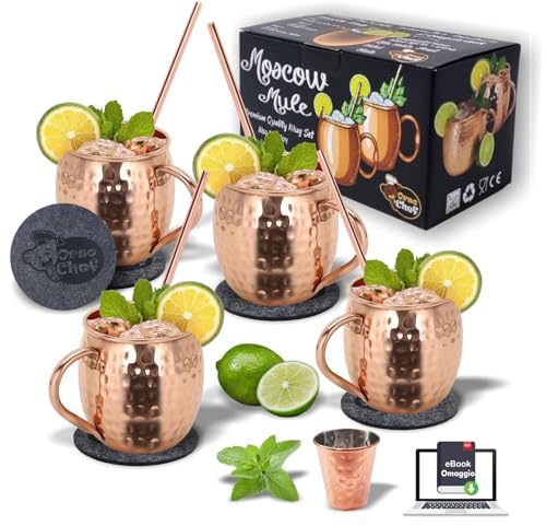 Orso Chef Kupfer Moscow Mule Tassen | Set 4 x Tassen 4 x Strohhalme 4 x Untersetzer 1 x Dosierer | Kupferbecher | Moscow Mule Cocktailgläser | Handgefertigt | E-Book Cocktails