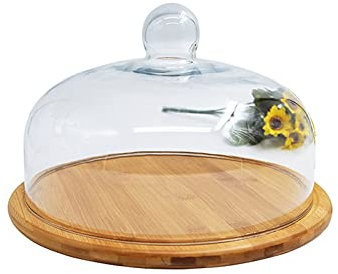 OQHAIR Cubiertas para Alimentos, Cubiertas para Salpicaduras, bandejas de Frutas, Paleta Acanalada de Madera y Cubierta de cúpula de Vidrio Servidor de Alimentos para Fiestas, Camping, po