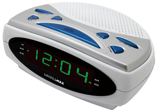HANNLOMAX HX-137CR Alarm Clock Radio, PLL AM/FM Radio, Dual Alarm, 0.9 Green LED Display, AC Operation only. (White-Green LED)