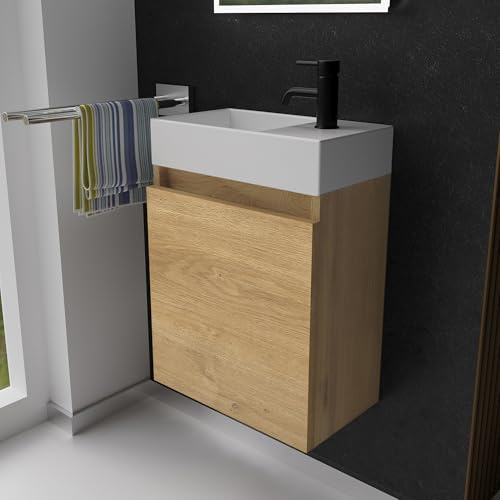 Alpenberger Waschbecken mit Unterschrank 45 cm | Badezimmermöbel Set | Kleines Waschbecken Gäste WC | Waschtisch Set | Unterschrank Bad Waschbeckenunterschrank Eiche Natur
