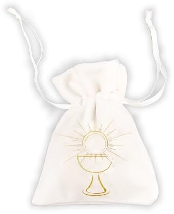 Säckchen Verpackung für Gastgeschenke Kommunion & Konfirmation Samt-Beutel Kelch & Sonne weiß & gold Verpackung Gastgeschenk Taufe & Firmung 8cm x 10cm 12 Beutel