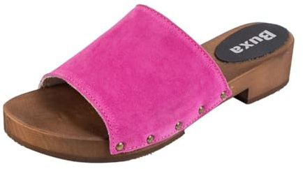 Buxa L40 Damen Clogs Leder Schuhe aus Holz, Holzclogs Pantolette, Holz Sohle, Fuchsie, Größe 38