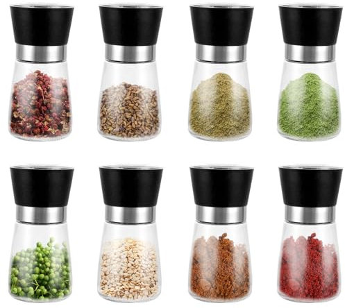 YAYODS Pack of 8 Pepper Mills - Spice Mill - 180 ml Adjustable Salt Mill - Spice Mills with Ceramic Grinder - Black Glass Pepper Mills - Spice Mill for Pepper, Chili, Salt, Spice