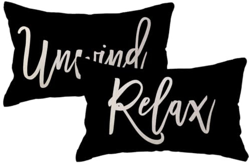 ULOVE LOVE YOURSELF Relax&Unwind Throw Pillow Covers 12x20 Farmhouse Spring Summer Decorative Lumbar Pillowcases Porch Patio Cushion Covers 2Pack for Bedroom Living Room Sofa Couch Home Decor (Black)