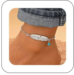 Cimenexe Bohème Feder Türkis Knöchel Kette Armband Silber Feder Knöchel Armband Runden Türkis Stein Fuß Kette Fußkettchen Sommer Strand Fuß Kette Schmuck Für Frauen Und Mädchen Geschenke