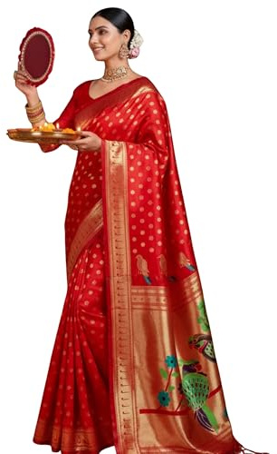 EthnicJunction Sari Paithani tissé en soie mélangée avec chemisier pour femme (rouge), Rouge, taille unique