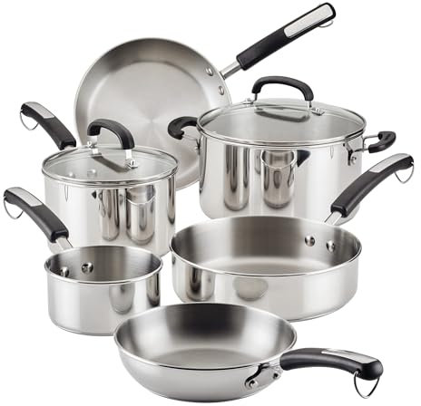 Farberware Brilliance Stainless Steel Cookware Pots and Pans Set with Kitchen Cooking Tools and Glass Lids, 10 Piece, Dishwasher Safe and Induction Ready, Stainless Steel
