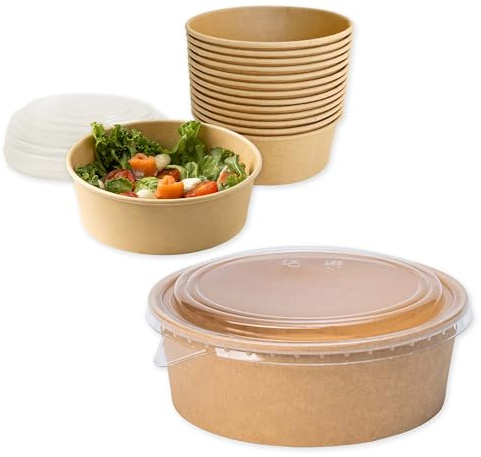 ECOPICNIC Ensaladeras Redondas de Papel Kraft con Tapa Pet 50 Unidades 1300 ml | Cuencos Desechables de cartón Kraft con Tapa, Ideales para ensaladas, sopas, Aperitivos y Alimentos para Llevar