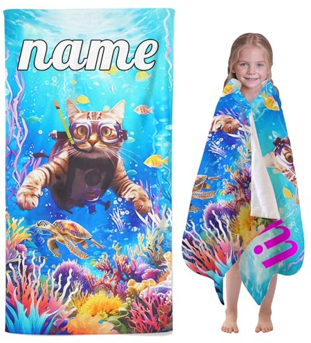 CHEFFS Personalisiert Strandtuch Mit Namen, Handtuch Katze Mit Namen Personalisierte Mikrofaser Ocean Strandtuch Groß 100x200cm Badetuch Duschtuch Katze für Strand (80 x 150 cm,1)