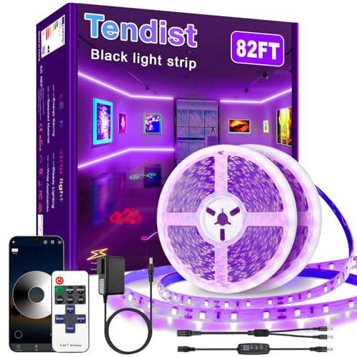 TENDIST 82FT Black Light LED Strip With App Control and Remote for Glow Party - Smart Purple UV Adhesive Strip for Halloween Decor, Bedroom, Tapestry, Poster