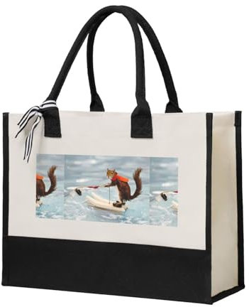 MYGANN Wasserski, Fuchs, Eichhörnchen, großes Fassungsvermögen, wiederverwendbar, Segeltuch, Patchwork, Geschenktasche für Camping, Picknick, kreative Geschenke, beige, Einheitsgröße