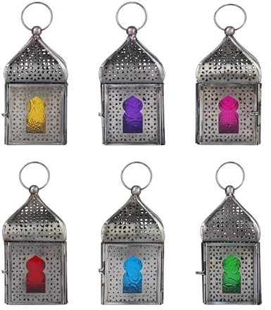 ETHNICITI Set of 6 Moroccan Square Lanterns Hanging Tabletop Turkish Tealight Candle Holder Lamp - Portable Ornate Iron Stained Glass Indoor Outdoor Garden - Home Decor Ramadan Gift Parties Decoration