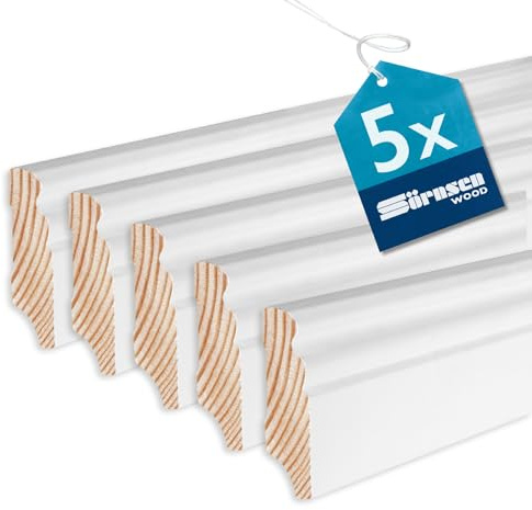 Sockelleiste Kiefer – 16x58x2400 mm, 5 Stück, weiß RAL 9016 lackiert | Sörnsen Wood Sockelleiste – hochwertige Fußleisten mit Altdeutschem Profil – Beste Qualität hergestellt in Norddeutschland