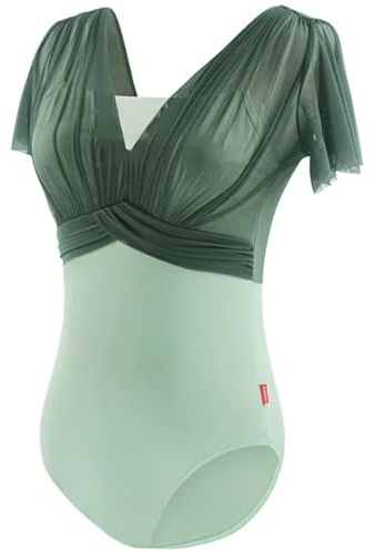 Mono De Ballet Leotardos de Ballet for mujer, Mallas de gimnasia falsos de dos piezas con espalda en V, leotardo de baile de manga corta, traje de baño, mono de Ballet for adultos Maillot Ballet(Green