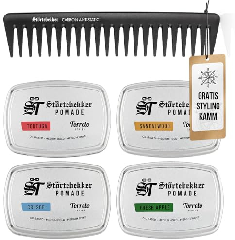 Störtebekker® Premium Pomade Ölbasiert Probierset + GRATIS Styling Kamm - 4 x Pomade Herren 'Torreto Series' - Mittlerer Halt - Mittlerer Glanz - Haarwachs 125ml - Haarpomade - Made in Germany