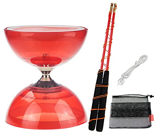 TopHomer Diabolo Jonglage Kit, Diabolo Triple roulement pour Débutants et Professionnels avec Cordon de Rechange de 10 m, Barre Professionnelle, Sac en Filet Diabolo (Rouge, Modèle Lumineux)