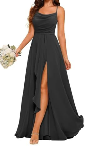 Robes de demoiselle d'honneur de princesse à bretelles spaghetti robes de bal robe de soirée formelle à col bénitier avec fente ZM132, Noir , 44