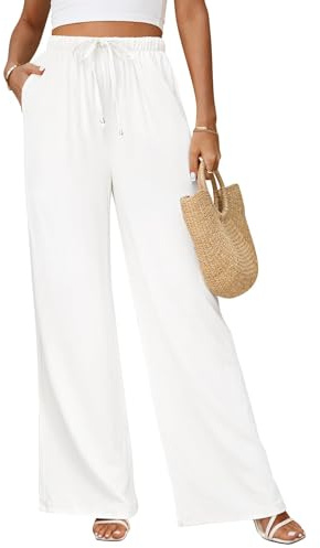 Jyanl Pantalones de Lino para Mujer, Pantalones Palazzo, Estilo Bohemio, Cintura Alta, Pierna Ancha, para Verano, Playa, Vacaciones, 2025, Blanco, Medium