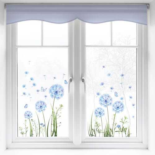 Spring Summer Window Clings,Window Stickers Blue Dandelion Flower Plants Grass Butterfly Window Decals Double-Sided Static Anti-Collision Glass Stickers for Windows, Spring Decorations for Home/School