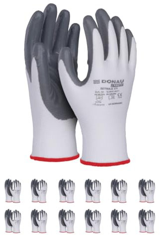 DONAU SAFETY Guanti da lavoro, guanti da montaggio, da uomo/taglia 10, 12 paia/cat. II/bianco-grigio/guanti con rivestimento in nitrile per lavori di montaggio, meccanici, giardinaggio e lavori di