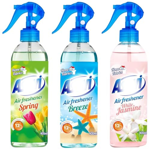 Air Freshener 3 Piece Spanish Cleaning Products Giftset Bundle, White Jasmine, Ocean Breeze & Spring Scents, Long-Lasting 12-Hour Fragrance, 400ml Odour Eliminator Spray, for Home, Car, Office