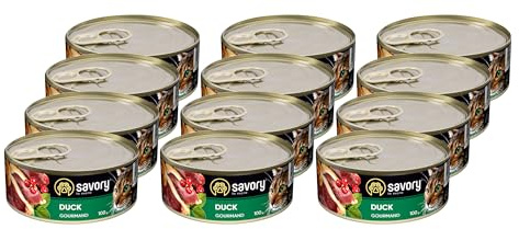 Savory - Katzenfutter Nass - Katzennassfutter - für Erwachsene Katze - Ente - Weiche Fleischstücke, mit Taurin, Vitamine E, D3, Zink - Nassfutter 12er-Pack (12x100 g)