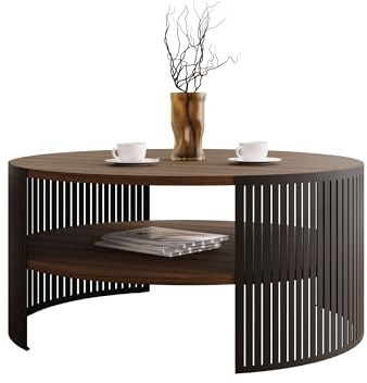 Mirjan24 Couchtisch Fahugin, runde Form (Nuss Franklin, Schwarz) | Kaffeetisch mit praktischem Ablageboden, Ø 75 cm, stabilem Metallgestell und pflegeleichter Tischplatte
