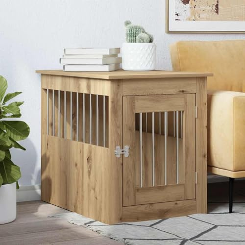 Homgoday Möbel-Look Hundekäfig Artisan-Eiche 55x75 cm, 2-in-1 Funktion, stabiler Stahl & Holzwerkstoff, bis 45 kg Hund, Beistelltisch & Hundebett Model857640