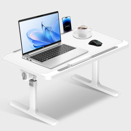Table de Lit Pliable，Table de Lit pour Ordinateur Portable，Support Ordinateur Portable，Hauteur Réglable,avec 4 Angles Réglables,Lapdesk Pliable，Table Pliable pour Canapé，Sofa,Board,Blanc