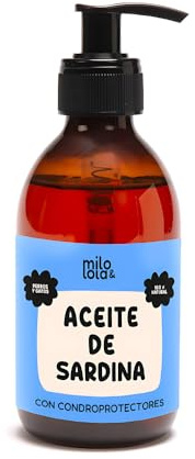 Milo y Lola Aceite de Sardina para Perros y Gatos - Fuente de Omega 3 EPA y DHA - con Glucosamina y Condroitina para la Salud Articular y Pelaje - Todo Tipo de Dietas - 100% Natural (250 ml)