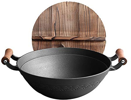 CAFIEDR Wok, Wok in ghisa, Wok Aperto in ghisa Antiaderente con Manico Stay-Cool, Senza Rivestimento, Manico antiscottatura, 30 cm/32 cm