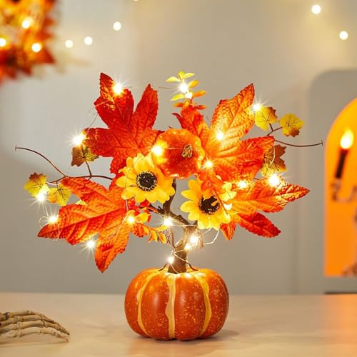 Citrouille, arbre lumineux, décoration d'automne, 35 cm, avec guirlande lumineuse à 20 LED, feuille d'érable, tournesol, fonctionnement à piles, décoration d'automne, arbre LED pour table (A)